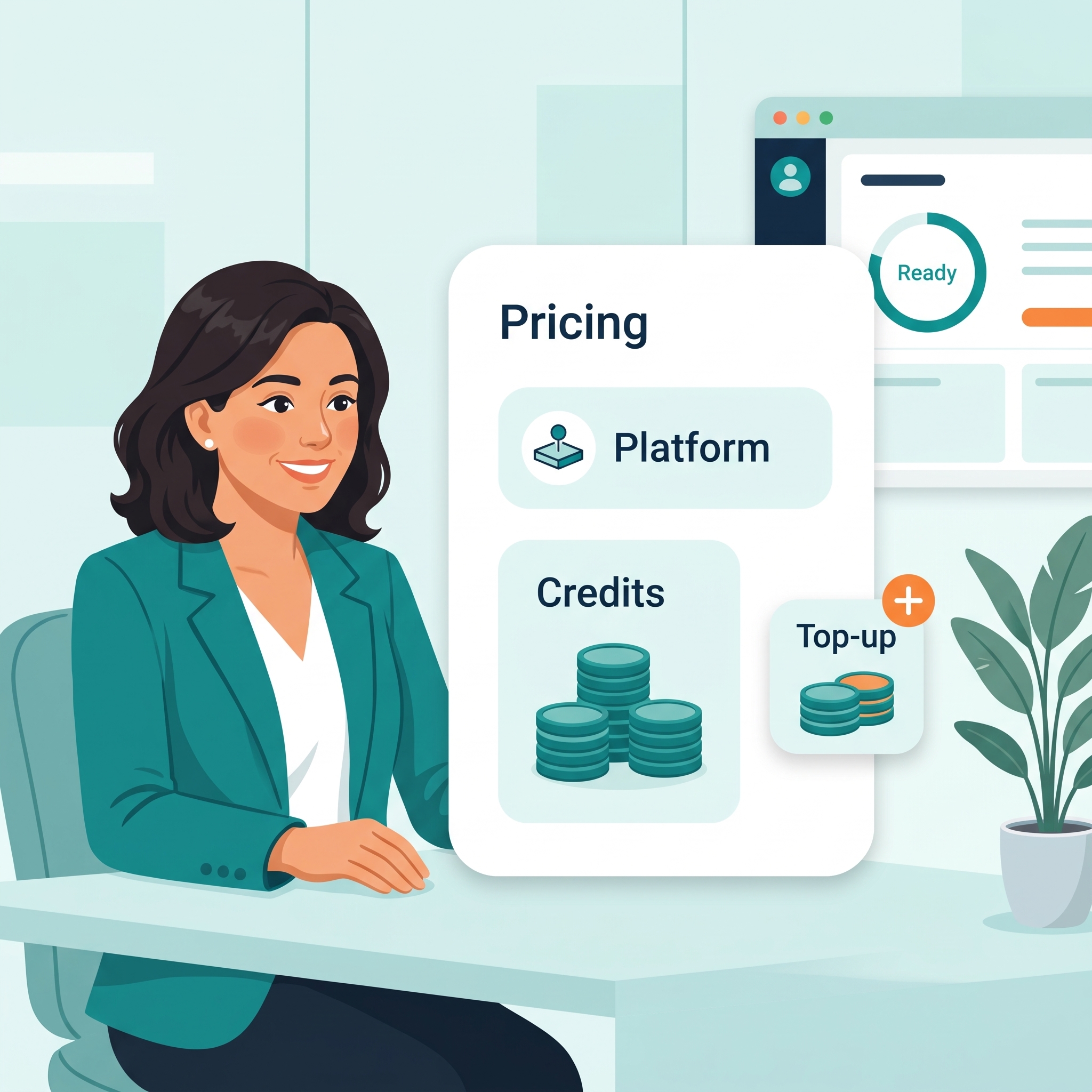 Illustration: pricing with annual platform, shared credit pool and top-up bundles