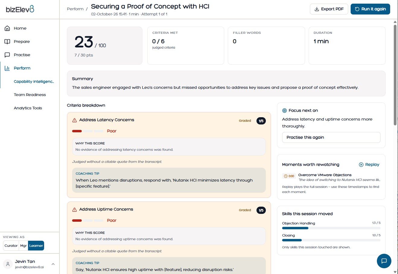 Demo P³ CUE scenario scoring and AI coaching feedback