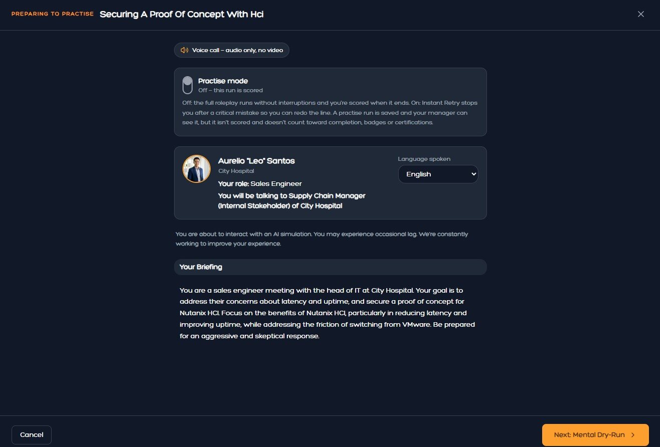 Demo P³ CUE practice simulation with scenario and persona context