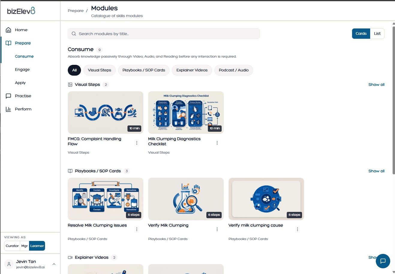 Demo P³ CUE learner view showing structured preparation modules